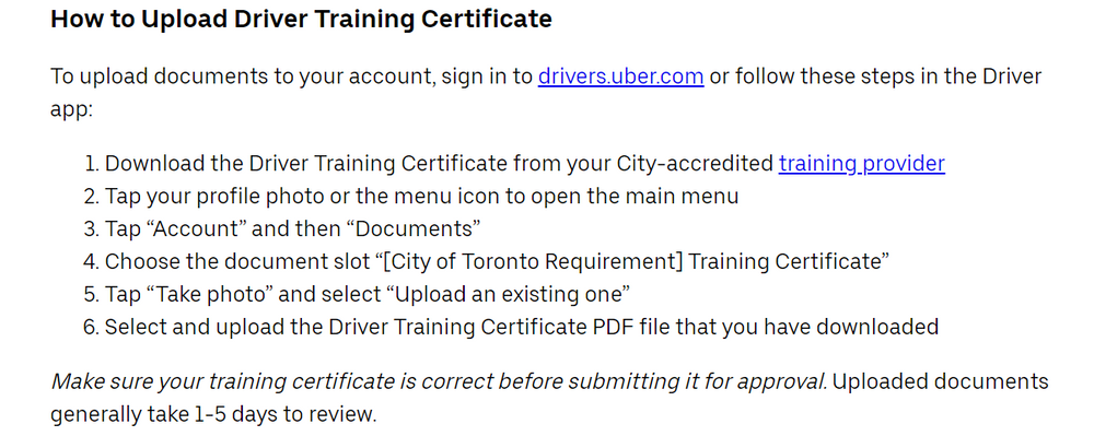 Uber training certificate upload